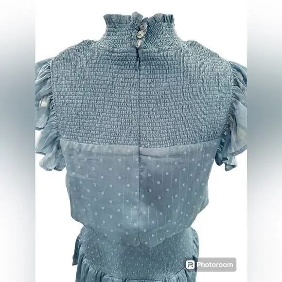 Aqua Ruffle Dress Smocked Short Sleeve Blue Swiss Dot Womens size Large - Picture 13 of 15